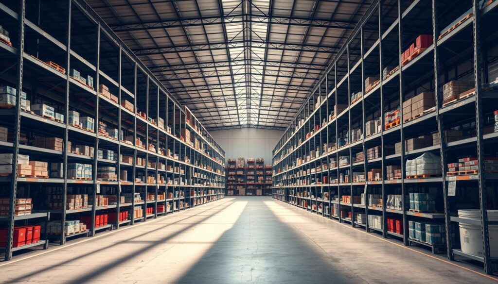 A large industrial warehouse filled with sturdy metal shelving units from TopRegali, neatly arranged in rows. The shelves are stocked with various products, casting long shadows across the concrete floor under the soft, diffused lighting. The scene conveys a sense of organization, efficiency, and a well-optimized storage solution for a thriving business. The camera angle captures the full height of the shelves, emphasizing their robust construction and capacity. The overall atmosphere is one of functional professionalism, showcasing the practical value of TopRegali's industrial shelving systems.