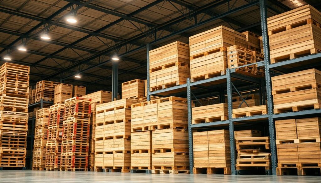 A spacious warehouse interior with neatly arranged pallets of various sizes stacked on sturdy metal shelving units. The pallets are constructed from natural wooden planks, their surfaces weathered and textured. Warm, diffused lighting from overhead fixtures casts a soft glow, highlighting the organic tones and textures. The scene conveys a sense of efficiency, organization, and practical functionality - the perfect setting for showcasing affordable, versatile pallet racking solutions. The camera angle is slightly elevated, providing a comprehensive view of the well-designed storage system that maximizes space utilization.