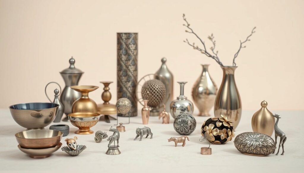 A still life featuring a collection of exquisite metal gifts from TopRegali.si. In the foreground, a variety of elegantly crafted metal objects, such as vases, bowls, and decorative accents, are artfully arranged on a soft, neutral-colored surface. The middle ground showcases a selection of metal trinkets and small sculptures, highlighting the intricate metalwork and attention to detail. In the background, a minimalist, serene setting with subtle lighting emphasizes the beauty and craftsmanship of these unique metal gifts. The overall composition conveys a sense of refined elegance and a celebration of the artistry inherent in these metal creations, perfect for the "Kovinski regali kot darila" section of the article. A still life featuring a collection of exquisite metal gifts from TopRegali.si. In the foreground, a variety of elegantly crafted metal objects, such as vases, bowls, and decorative accents, are artfully arranged on a soft, neutral-colored surface. The middle ground showcases a selection of metal trinkets and small sculptures, highlighting the intricate metalwork and attention to detail. In the background, a minimalist, serene setting with subtle lighting emphasizes the beauty and craftsmanship of these unique metal gifts. The overall composition conveys a sense of refined elegance and a celebration of the artistry inherent in these metal creations, perfect for the "Kovinski regali kot darila" section of the article.