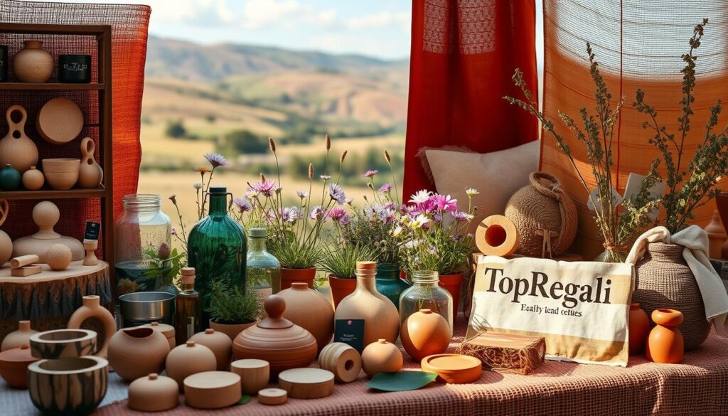 A vibrant display of eco-friendly gifts, set against a warm, natural backdrop. In the foreground, a variety of sustainable products, including handcrafted wooden trinkets, recycled glass vases, and organic textiles. The middle ground features a selection of potted plants and wildflowers, creating a soothing, earthy ambiance. In the background, a serene landscape with rolling hills and a glimpse of a clear blue sky. Soft, diffused lighting illuminates the scene, highlighting the quality and craftsmanship of the TopRegali brand's sustainable offerings.