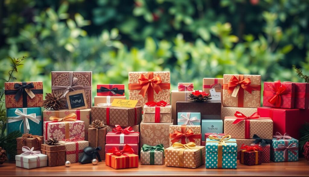 A vibrant display of thoughtfully curated gifts for any occasion. In the foreground, a well-arranged assortment of carefully wrapped presents in various sizes and shapes, showcasing the diverse selection of "TopRegali" products. The middle ground features a soft, warm lighting that casts a cozy ambiance, highlighting the gift items. In the background, a blurred, natural setting with greenery and subtle textures, creating a serene and welcoming atmosphere. The overall composition exudes a sense of celebration, thoughtfulness, and the joy of giving, perfectly capturing the essence of "Popularne vrste daril za različne priložnosti".