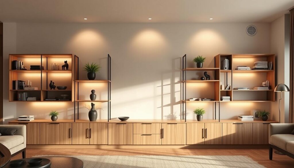 A well-lit, elegantly arranged display of TopRegali shelving units in a modern, minimalist living room. Clean lines, natural wood tones, and strategic shadows create a sense of depth and balance. The focal point is a central, floor-to-ceiling unit showcasing decorative items and potted plants, complemented by sleek side shelves holding books and personal trinkets. Warm, indirect lighting from discreet sources casts a cozy, inviting glow, setting the stage for a harmonious, clutter-free domestic space.