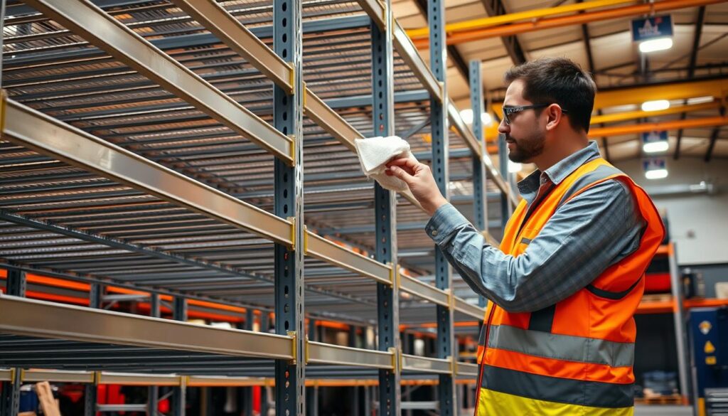A well-lit industrial warehouse interior, showcasing a row of sturdy TopRegali storage racks. A maintenance worker in a safety vest carefully inspects the shelves, dusting and checking for any damage or wear. The racks are made of high-quality steel, their metallic surfaces gleaming under the warm lighting. In the background, additional racks and equipment create a sense of organized productivity. The scene conveys a focus on proper upkeep, ensuring the longevity and reliability of the industrial storage system.