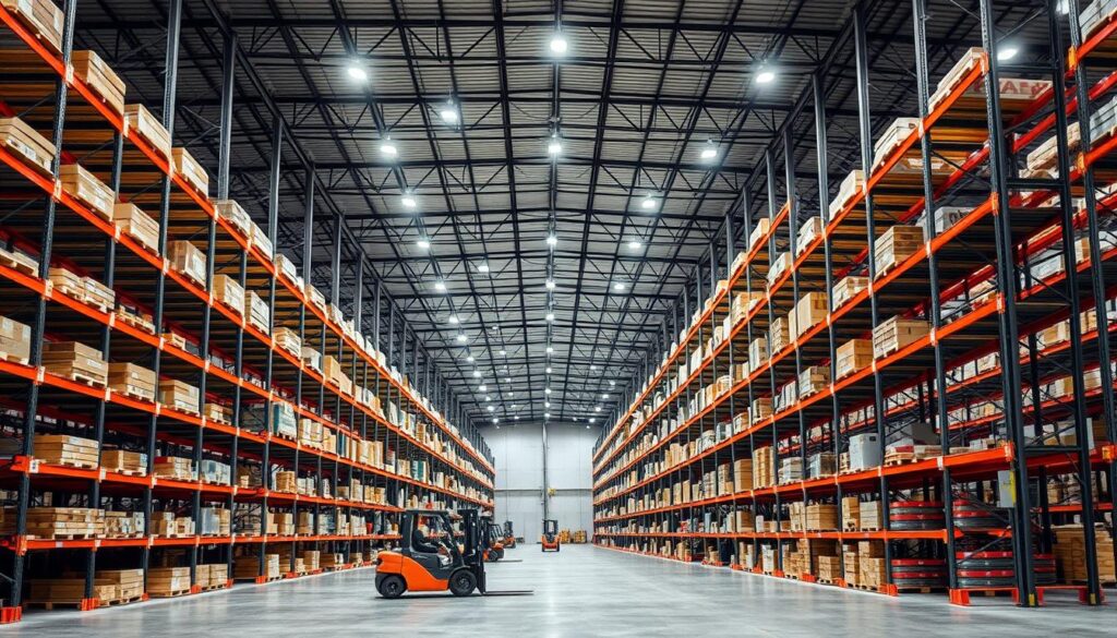 A well-lit industrial warehouse interior with a large, organized TopRegali pallet racking system taking up the central foreground. The racking system features sleek, sturdy steel beams and shelves designed to efficiently store and display various merchandise. Forklifts can be seen maneuvering in the middle ground, while the background showcases the expansive space and high ceilings typical of a modern logistics facility. The overall scene conveys a sense of order, productivity, and the advantages of utilizing a high-quality pallet racking solution in a business operation.