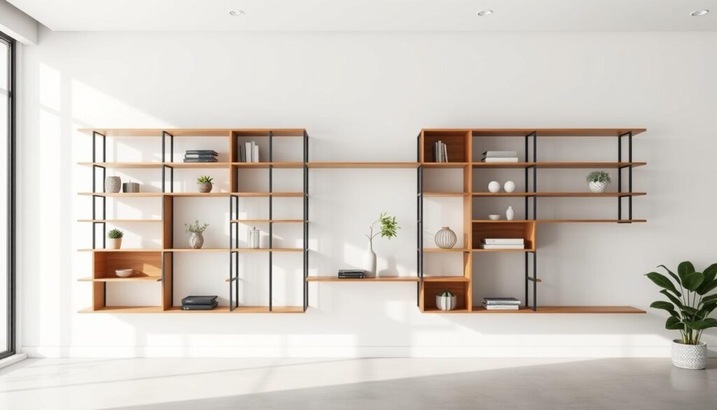 A well-lit, modern room showcasing an arrangement of sleek, modular TopRegali shelving units. The shelves are positioned at varying heights, creating an visually appealing asymmetric display. Framing the shelves are natural wood accents that blend seamlessly with the minimalist white walls. Carefully curated decorative items and potted plants adorn the shelves, highlighting their versatility. Soft, directional lighting casts subtle shadows, emphasizing the depth and textures of the scene. The composition evokes a sense of refined practicality and understated elegance, reflecting the high-quality craftsmanship of the TopRegali brand.