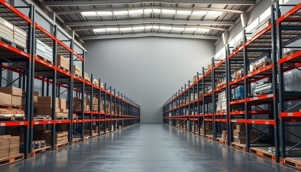 A well-lit, modern warehouse interior with rows of sturdy, metal paletni regali (pallet racks) neatly organized against a neutral gray backdrop. The racks are filled with various merchandise, creating an impression of efficiency and organization. The lighting is bright and even, casting long shadows that add depth and dimension to the scene. The camera angle is slightly elevated, offering a panoramic view of the space and emphasizing the scale and functionality of the paletni regali. The overall mood is one of practical utility, conveying the reliable and cost-effective nature of the storage solutions on display.