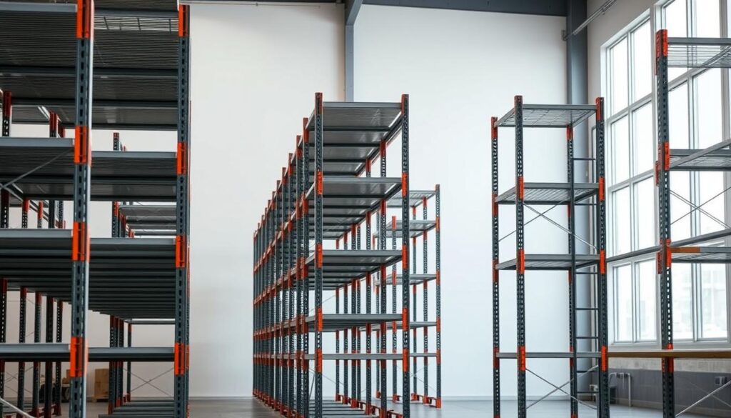 A well-maintained storage racking system featuring the TopRegali brand, captured in a clean, modern setting with soft, natural lighting filtering through large windows. The sturdy metal shelves are arranged in an orderly, efficient layout, showcasing their durability and functionality. The racking units occupy the mid-ground, with a minimalist background of neutral-toned walls and a subtle hint of a concrete floor in the distance. The overall atmosphere conveys a sense of organization, attention to detail, and a commitment to effective warehouse management.