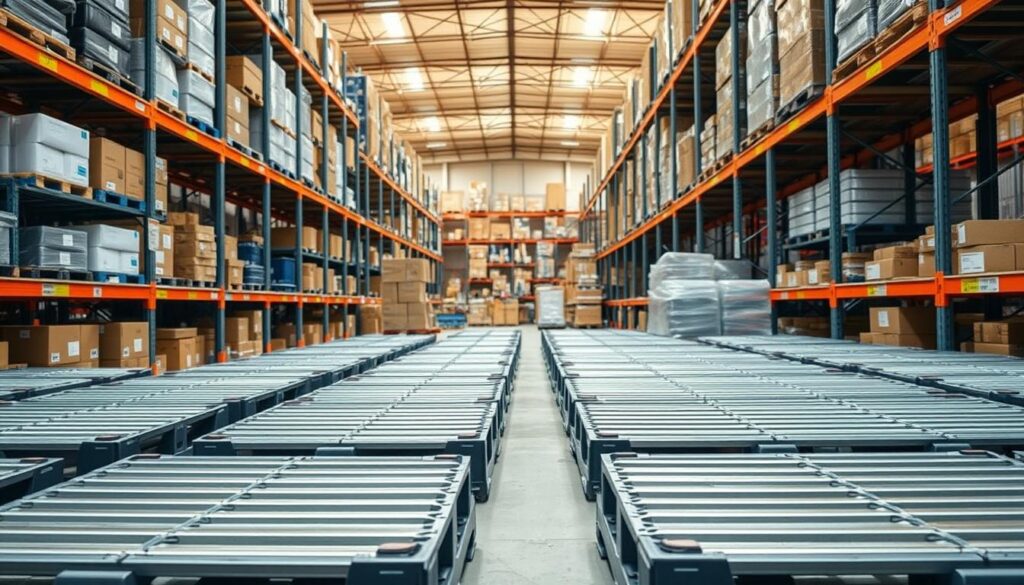 A well-organized warehouse shelving system featuring sturdy TopRegali metal pallets in the foreground, arranged in tidy rows with sufficient spacing for easy access. The middle ground showcases a variety of stored goods, from boxes to larger items, neatly stacked and labeled. In the background, the warehouse's interior is illuminated by warm, diffused lighting, creating a sense of order and efficiency. The overall scene conveys a practical, functional, and visually appealing storage solution suitable for a wide range of commercial or industrial applications.