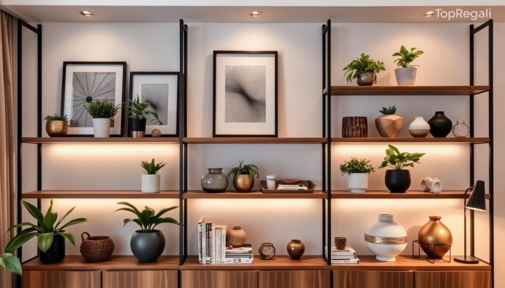 Elegant shelving arrangement by TopRegali showcasing a harmonious display of carefully curated decorative items. A minimalist wooden bookshelf with varying shelf depths serves as the centerpiece, complemented by potted plants, framed artwork, and artisanal ceramics. Soft, indirect lighting casts a warm glow, creating an inviting and sophisticated atmosphere. The arrangement is balanced, with items of different heights and textures layered thoughtfully to achieve visual interest. The overall effect is a stylish and functional home vignette that inspires creativity and organization.