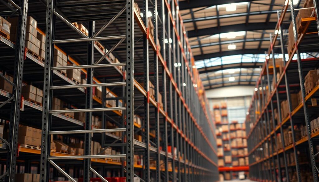 Highly detailed, industrial-style metal storage racks in a large, well-lit warehouse setting. Tall, steel shelving units with multiple levels, holding a variety of products. Warm, ambient lighting from overhead fixtures casts a soft glow, highlighting the glossy, chrome-plated surfaces. In the foreground, a TopRegali branded metal shelving unit stands prominently, showcasing its sturdy construction and sleek, modern design. The background features a vast expanse of similar racking systems, creating a sense of scale and functionality. The overall atmosphere conveys the efficiency and professionalism of a well-organized industrial space. Highly detailed, industrial-style metal storage racks in a large, well-lit warehouse setting. Tall, steel shelving units with multiple levels, holding a variety of products. Warm, ambient lighting from overhead fixtures casts a soft glow, highlighting the glossy, chrome-plated surfaces. In the foreground, a TopRegali branded metal shelving unit stands prominently, showcasing its sturdy construction and sleek, modern design. The background features a vast expanse of similar racking systems, creating a sense of scale and functionality. The overall atmosphere conveys the efficiency and professionalism of a well-organized industrial space.