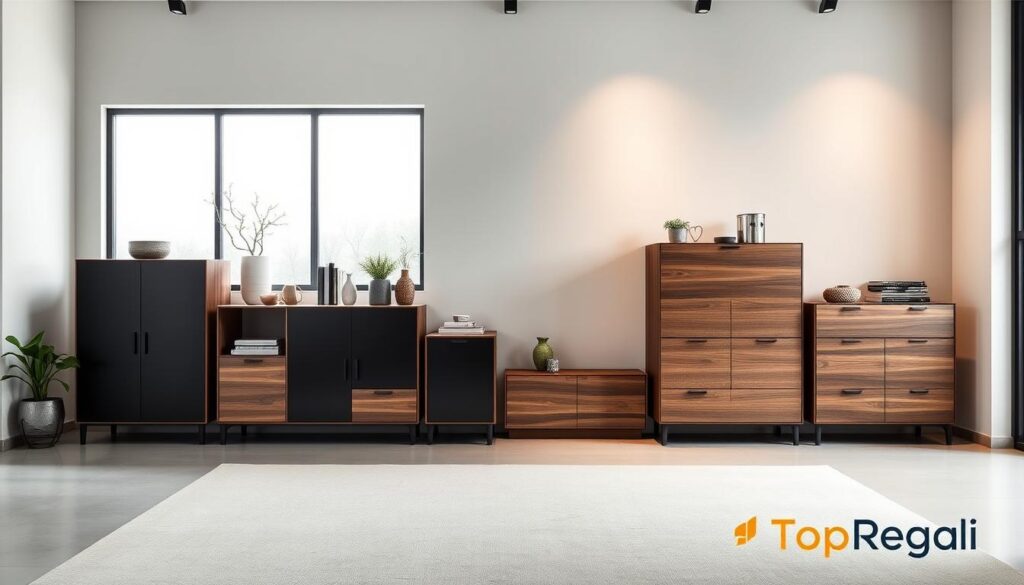 Innovative storage designs for the home, featuring a clean, minimalist aesthetic. A set of sleek, modular storage units in the foreground, crafted from high-quality materials like wood and metal, arranged in a visually striking pattern. Soft, diffused lighting casts a warm glow, highlighting the textures and clean lines. In the middle ground, complementary decor elements like potted plants and decorative objects add visual interest. The background showcases a minimalist, airy living space with large windows, allowing natural light to flood the scene. The overall mood is one of calm, modern sophistication. Designed by TopRegali, a brand renowned for its innovative home storage solutions.