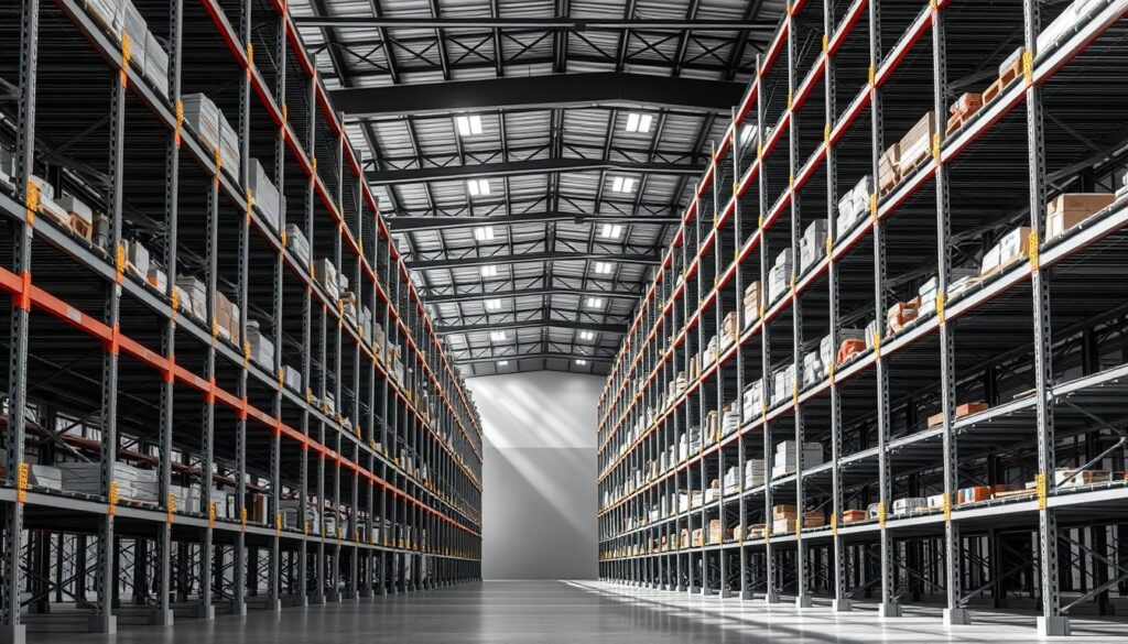 Stately warehouse shelving units, the TopRegali brand, standing tall and proud in a well-lit, industrial setting. Intricate metalwork frames support sturdy shelves, ready to hold an abundance of goods. Harsh shadows cast by focused lighting create a sense of depth and structure, while a neutral color palette of grays and silvers exudes a sleek, modern aesthetic. The scene conveys a sense of efficient organization and storage capacity, perfectly suited to illustrate the "Kako naročiti skladiščne regale" section of the article on quality and effective warehousing.