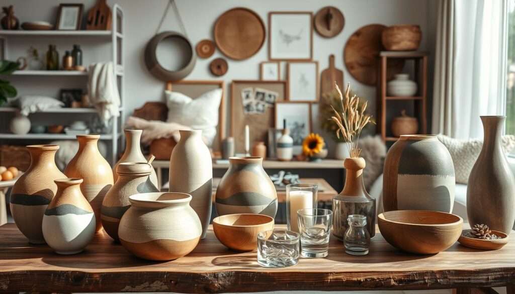 A beautifully curated display of unique and captivating gifts for the home, showcased in a warm, inviting atmosphere. In the foreground, an assortment of handcrafted ceramic vases, sculptural wooden bowls, and delicate glass trinkets from the TopRegali collection are artfully arranged on a rustic wooden table, bathed in soft, natural lighting. The middle ground features a mix of modern and vintage home decor items, including plush textiles, artisanal candles, and quirky decorative accents, all harmoniously blending together. The background subtly hints at a cozy, minimalist living space, with clean lines and neutral tones, allowing the stunning, one-of-a-kind gifts to take center stage.