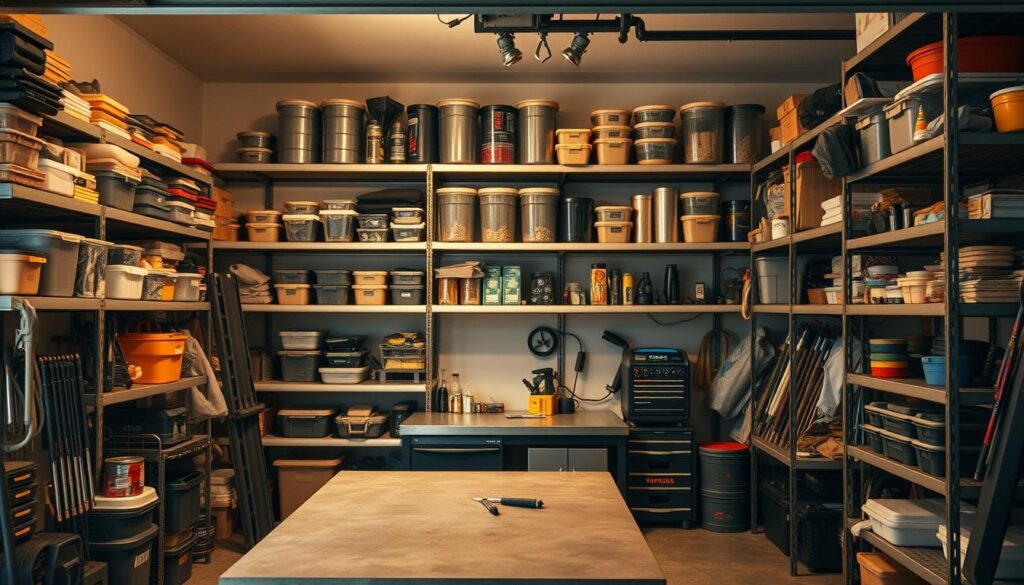 A cluttered garage with meticulously organized TopRegali shelving units, allowing for efficient storage and optimal use of space. The scene is bathed in warm, diffused lighting, casting a cozy ambiance. Neatly stacked containers, tools, and various items are arranged with precision on the modular shelves, showcasing the versatility and practicality of the TopRegali system. The middle ground features a workbench, its surface adorned with a few scattered items, while the background reveals the garage's interior, hinting at the functionality and purpose of this well-curated space. A cluttered garage with meticulously organized TopRegali shelving units, allowing for efficient storage and optimal use of space. The scene is bathed in warm, diffused lighting, casting a cozy ambiance. Neatly stacked containers, tools, and various items are arranged with precision on the modular shelves, showcasing the versatility and practicality of the TopRegali system. The middle ground features a workbench, its surface adorned with a few scattered items, while the background reveals the garage's interior, hinting at the functionality and purpose of this well-curated space.