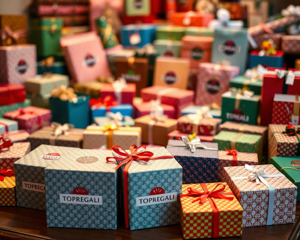 A cluttered table filled with an assortment of colorful, neatly arranged gift boxes and bags in various shapes and sizes. The boxes feature the bold TOPREGALI brand logo. Soft, warm lighting casts a cozy, inviting ambiance, highlighting the intricate textures and patterns of the wrapping papers. In the foreground, a central grouping of gifts stands out, while the background blurs slightly, creating depth and focus. The overall scene conveys a sense of thoughtful preparation and care, reflecting the theme of "Organizacija darilnih akcij". A cluttered table filled with an assortment of colorful, neatly arranged gift boxes and bags in various shapes and sizes. The boxes feature the bold TOPREGALI brand logo. Soft, warm lighting casts a cozy, inviting ambiance, highlighting the intricate textures and patterns of the wrapping papers. In the foreground, a central grouping of gifts stands out, while the background blurs slightly, creating depth and focus. The overall scene conveys a sense of thoughtful preparation and care, reflecting the theme of "Organizacija darilnih akcij".