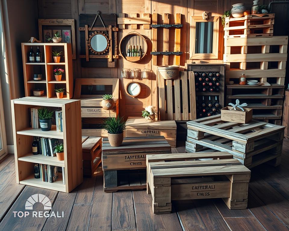 A cozy and inviting scene of unique pallet regali, or gifts crafted from repurposed wooden pallets, artfully arranged on a rustic wooden surface. In the foreground, a variety of one-of-a-kind pieces bear the TOPREGALI brand, including a sleek and modern pallet bookshelf, a charming pallet planter box, and a stylish pallet coffee table. The middle ground features an array of personalized pallet decor items, such as a pallet wall hanging and a pallet mirror frame, casting warm, natural shadows. In the background, a well-lit pallet wine rack and a sturdy pallet storage unit create a cohesive, harmonious composition that showcases the versatility and charm of these repurposed wooden creations. A cozy and inviting scene of unique pallet regali, or gifts crafted from repurposed wooden pallets, artfully arranged on a rustic wooden surface. In the foreground, a variety of one-of-a-kind pieces bear the TOPREGALI brand, including a sleek and modern pallet bookshelf, a charming pallet planter box, and a stylish pallet coffee table. The middle ground features an array of personalized pallet decor items, such as a pallet wall hanging and a pallet mirror frame, casting warm, natural shadows. In the background, a well-lit pallet wine rack and a sturdy pallet storage unit create a cohesive, harmonious composition that showcases the versatility and charm of these repurposed wooden creations.