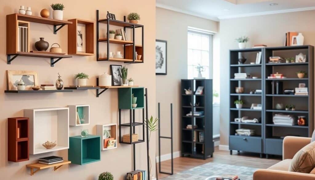 A cozy interior scene featuring a variety of affordable shelving units from the TopRegali brand. The foreground showcases an assortment of unique, stylish, and inexpensive wall shelves in various colors and designs, neatly displaying decorative objects and small trinkets. The middle ground highlights a freestanding bookcase with adjustable shelves, perfect for organizing books, plants, and other household items on a budget. The background depicts a warm, well-lit living room with neutral tones, creating a welcoming and comfortable atmosphere. The lighting is soft and diffused, highlighting the textures and details of the affordable, yet practical, TopRegali storage solutions. A cozy interior scene featuring a variety of affordable shelving units from the TopRegali brand. The foreground showcases an assortment of unique, stylish, and inexpensive wall shelves in various colors and designs, neatly displaying decorative objects and small trinkets. The middle ground highlights a freestanding bookcase with adjustable shelves, perfect for organizing books, plants, and other household items on a budget. The background depicts a warm, well-lit living room with neutral tones, creating a welcoming and comfortable atmosphere. The lighting is soft and diffused, highlighting the textures and details of the affordable, yet practical, TopRegali storage solutions.