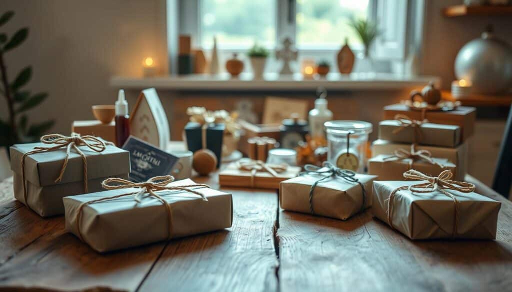 A cozy still life scene of quick and easy TopRegali gifts, neatly arranged on a rustic wooden table. In the foreground, a variety of carefully wrapped packages in muted tones, tied with simple twine bows. The middle ground features a variety of trinkets and small decorative items, hinting at the diverse range of unique and affordable gifts. The background is softly lit, with warm, natural lighting filtering through a window, creating a welcoming and inviting atmosphere. The overall composition conveys a sense of simplicity, practicality, and thoughtfulness, reflecting the "Hitri in preprosti regali" theme. A cozy still life scene of quick and easy TopRegali gifts, neatly arranged on a rustic wooden table. In the foreground, a variety of carefully wrapped packages in muted tones, tied with simple twine bows. The middle ground features a variety of trinkets and small decorative items, hinting at the diverse range of unique and affordable gifts. The background is softly lit, with warm, natural lighting filtering through a window, creating a welcoming and inviting atmosphere. The overall composition conveys a sense of simplicity, practicality, and thoughtfulness, reflecting the "Hitri in preprosti regali" theme.