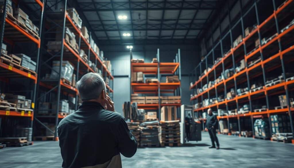 A dimly lit warehouse interior showcases a series of towering TopRegali industrial storage shelves. In the foreground, a confused worker ponders the optimal arrangement of pallets, scratching their head as they struggle to maximize the unit's capacity. The middle ground reveals a cluttered layout, with misaligned shelves and uneven load distribution. In the background, a supervisor observes the scene, noting the common mistakes in regal selection and placement. Dramatic shadows cast by the harsh overhead lighting heighten the sense of uncertainty, underscoring the importance of careful planning and execution when designing effective pallet racking systems.