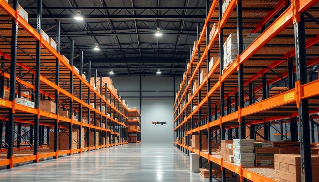 A high-quality industrial storage shelving system with the brand name "TopRegali", showcasing a well-organized and efficient warehouse layout. The shelves are constructed from sturdy metal frames, with adjustable shelves to accommodate various storage needs. The scene features a clean, modern aesthetic, with a focus on maximizing space utilization. Warm, directional lighting illuminates the shelves, creating a sense of depth and highlighting the sleek design. The camera angle provides a comprehensive view of the shelving system, emphasizing its practical and versatile nature to optimize storage in a commercial or industrial setting. A high-quality industrial storage shelving system with the brand name "TopRegali", showcasing a well-organized and efficient warehouse layout. The shelves are constructed from sturdy metal frames, with adjustable shelves to accommodate various storage needs. The scene features a clean, modern aesthetic, with a focus on maximizing space utilization. Warm, directional lighting illuminates the shelves, creating a sense of depth and highlighting the sleek design. The camera angle provides a comprehensive view of the shelving system, emphasizing its practical and versatile nature to optimize storage in a commercial or industrial setting.