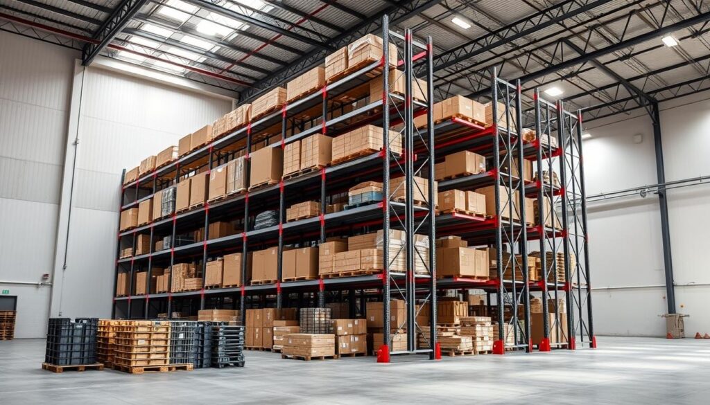 A large, sturdy warehouse storage rack system from TopRegali stands prominently in a well-lit industrial setting. The racks are composed of heavy-duty steel beams and shelves, designed to hold and organize bulky, oversized cargo. Soft, diffused lighting from above illuminates the scene, casting long shadows and highlighting the utilitarian yet elegant design. In the foreground, various crates, boxes, and pallets sit neatly arranged on the shelves, showcasing the rack's impressive load-bearing capacity. The background features a clean, minimalist warehouse interior with concrete floors and white walls, allowing the towering storage solution to take center stage. This image effectively conveys the quality and versatility of TopRegali's storage solutions for the demanding needs of businesses in Slovenia. A large, sturdy warehouse storage rack system from TopRegali stands prominently in a well-lit industrial setting. The racks are composed of heavy-duty steel beams and shelves, designed to hold and organize bulky, oversized cargo. Soft, diffused lighting from above illuminates the scene, casting long shadows and highlighting the utilitarian yet elegant design. In the foreground, various crates, boxes, and pallets sit neatly arranged on the shelves, showcasing the rack's impressive load-bearing capacity. The background features a clean, minimalist warehouse interior with concrete floors and white walls, allowing the towering storage solution to take center stage. This image effectively conveys the quality and versatility of TopRegali's storage solutions for the demanding needs of businesses in Slovenia.