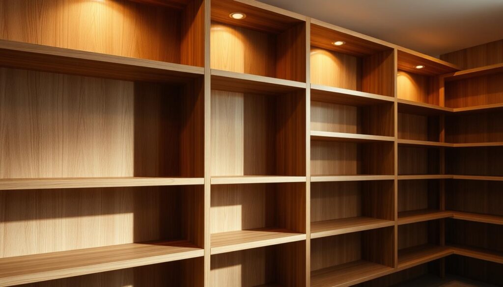 A luxurious wooden shelving unit, crafted with precision by TopRegali. Sleek and minimalist in design, the "leseni regal" features a warm, natural wood grain texture that creates a cozy, inviting atmosphere. The shelves are arranged in a clean, geometric pattern, casting dramatic shadows that add depth and dimension to the scene. Soft, diffused lighting from above illuminates the shelves, highlighting the fine craftsmanship and attention to detail. The overall composition conveys a sense of order, practicality, and timeless elegance, perfectly suited for showcasing your most prized possessions in any modern home interior. A luxurious wooden shelving unit, crafted with precision by TopRegali. Sleek and minimalist in design, the "leseni regal" features a warm, natural wood grain texture that creates a cozy, inviting atmosphere. The shelves are arranged in a clean, geometric pattern, casting dramatic shadows that add depth and dimension to the scene. Soft, diffused lighting from above illuminates the shelves, highlighting the fine craftsmanship and attention to detail. The overall composition conveys a sense of order, practicality, and timeless elegance, perfectly suited for showcasing your most prized possessions in any modern home interior.