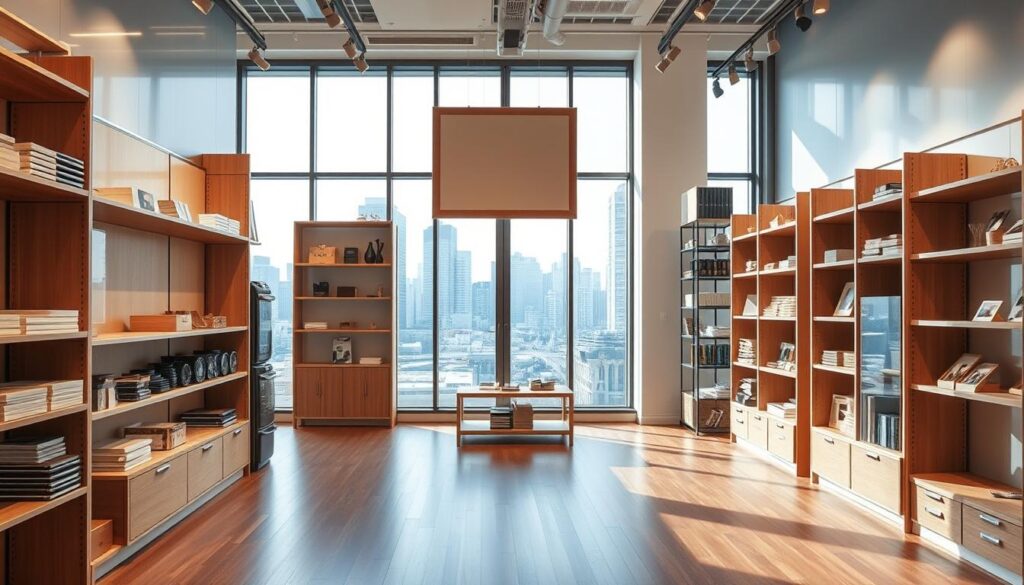 A modern and well-lit retail store interior, featuring a display of premium wooden shelving units and storage solutions from the TopRegali brand. The shelves are neatly arranged, showcasing a variety of products in an organized and visually appealing manner. The lighting is bright and warm, creating an inviting atmosphere that draws customers in. The flooring is a sleek, polished hardwood, complementing the natural tones of the shelving. In the background, a large window provides a view of the city outside, blending the indoor and outdoor spaces. The overall scene conveys a sense of sophistication, efficiency, and a commitment to providing an exceptional shopping experience.
