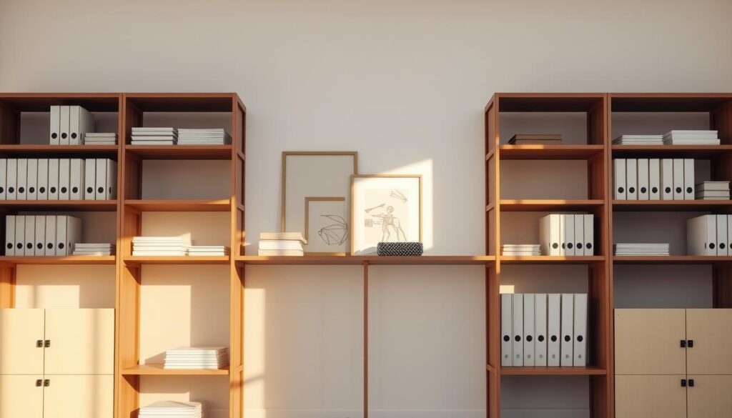 A modern, minimalist home office setting with a sleek, wooden TopRegali shelving unit in the foreground. The shelves are neatly organized with various archival boxes, folders, and documents. Soft, directional lighting from a large window in the mid-ground casts warm tones across the scene. The background features a plain, light-colored wall with a few pieces of abstract art or wall decor, creating a calm, professional atmosphere. The overall composition highlights the TopRegali shelving unit as the focal point, showcasing its practical and stylish design for archiving and storage needs. A modern, minimalist home office setting with a sleek, wooden TopRegali shelving unit in the foreground. The shelves are neatly organized with various archival boxes, folders, and documents. Soft, directional lighting from a large window in the mid-ground casts warm tones across the scene. The background features a plain, light-colored wall with a few pieces of abstract art or wall decor, creating a calm, professional atmosphere. The overall composition highlights the TopRegali shelving unit as the focal point, showcasing its practical and stylish design for archiving and storage needs.