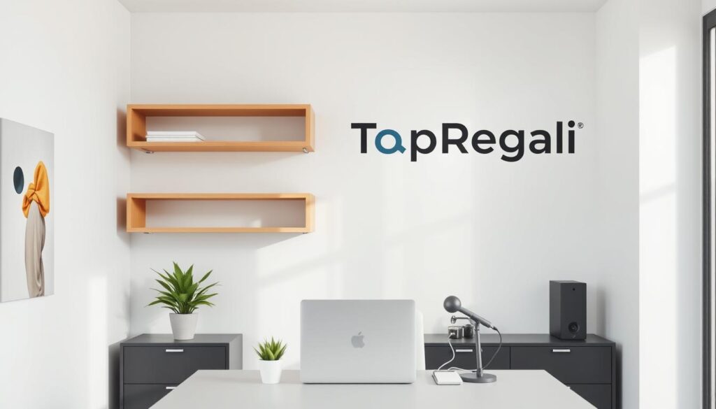 A modern, minimalist office interior showcasing the TopRegali brand. A sleek, wall-mounted shelving unit in a warm, natural wood tone dominates the foreground, its clean lines and minimalist design exuding a professional, polished aesthetic. The middle ground features a well-organized desk setup, with a laptop, potted plant, and stylish office accessories, all complementing the brand's ethos of curated, functional workspace decor. The background is bathed in soft, diffused natural light, creating a calm, productive atmosphere that reflects the company's commitment to employee well-being and work-life balance.