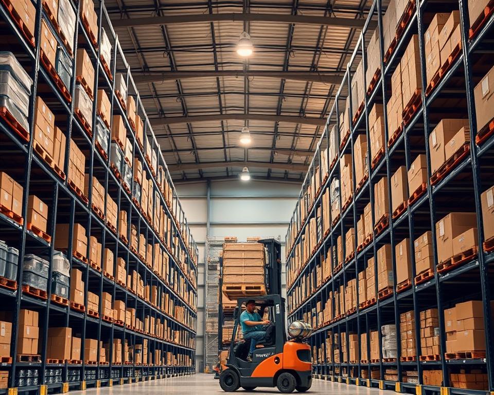 A modern, well-lit industrial warehouse interior with tall steel TOPREGALI storage racks lining the walls. The racks are neatly organized, holding a variety of cardboard boxes and plastic containers. The lighting casts a warm, diffused glow, creating a sense of efficiency and order. In the middle ground, a forklift operator is carefully maneuvering a pallet of goods onto a lower shelf. The background features high ceilings, exposed beams, and a clean, utilitarian aesthetic. The overall scene conveys a professional, cost-effective storage solution suitable for a range of commercial and industrial applications.