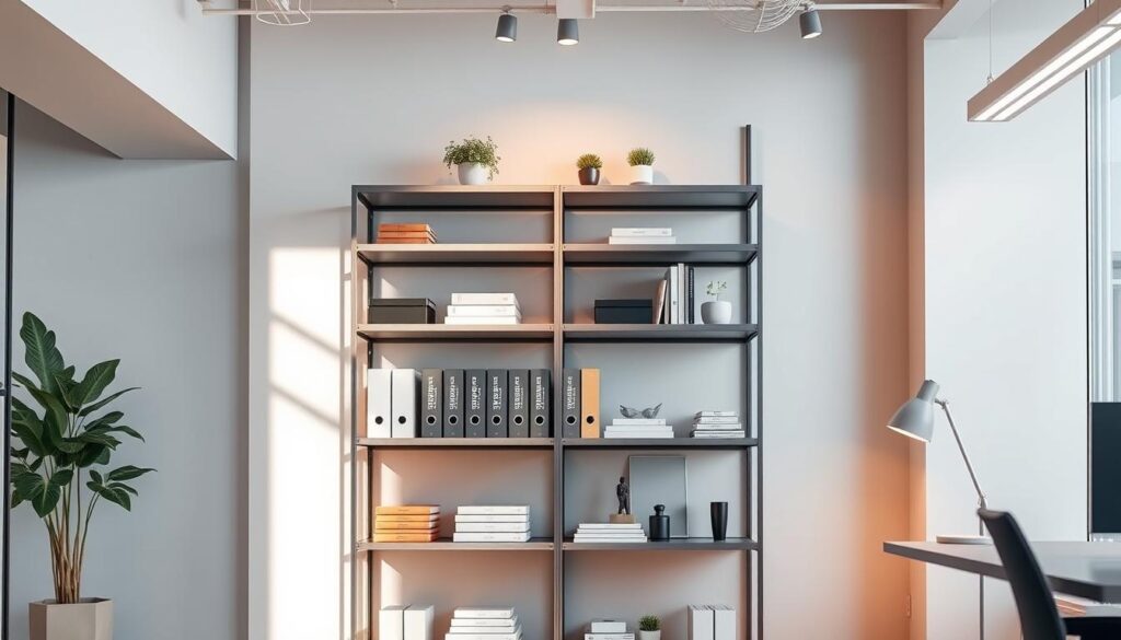 A modern, well-lit office space featuring a sleek, freestanding metal shelving unit from TopRegali. The unit stands tall against a neutral backdrop, its clean lines and minimalist design complementing the professional environment. The shelves are adorned with neatly organized office supplies, books, and decorative elements, creating a harmonious and productive workspace. Soft, diffused lighting from overhead fixtures casts a warm glow, accentuating the unit's metallic finish. The camera captures the shelving unit in a slightly elevated angle, emphasizing its sturdy construction and versatile functionality within the office setting.