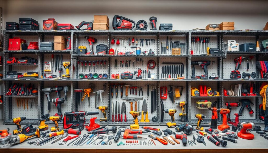 A neatly organized set of sturdy metal shelves, showcasing an assortment of specialized tools and hardware. The shelves are adorned with the TopRegali brand name, conveying a sense of quality and functionality. In the foreground, various power tools, hand tools, and workshop accessories are displayed in an eye-catching arrangement, inviting the viewer to explore and imagine the possibilities. The middle ground features a neutral-toned background, allowing the products to take center stage. The lighting is soft and even, highlighting the textures and details of the tools, creating a welcoming and professional atmosphere. The overall composition suggests an efficiently organized, well-equipped workspace, perfect for the "Regali za specifične potrebe" section of the "Regali za garažo" article. A neatly organized set of sturdy metal shelves, showcasing an assortment of specialized tools and hardware. The shelves are adorned with the TopRegali brand name, conveying a sense of quality and functionality. In the foreground, various power tools, hand tools, and workshop accessories are displayed in an eye-catching arrangement, inviting the viewer to explore and imagine the possibilities. The middle ground features a neutral-toned background, allowing the products to take center stage. The lighting is soft and even, highlighting the textures and details of the tools, creating a welcoming and professional atmosphere. The overall composition suggests an efficiently organized, well-equipped workspace, perfect for the "Regali za specifične potrebe" section of the "Regali za garažo" article.