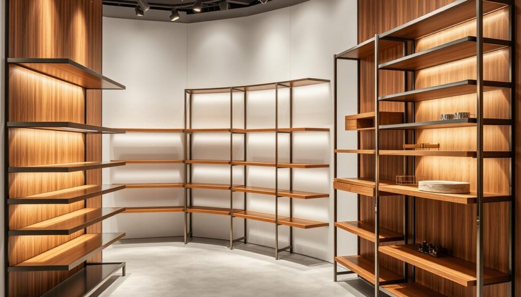 A sleek and modern display of TopRegali, showcasing a range of stylish shelving units in a well-lit, high-end retail space. The shelves are crafted from a combination of brushed metal and warm wood, creating a visually appealing and durable setup. The lighting casts a soft, ambient glow, highlighting the intricate details and textures of the materials. The arrangement of the shelves is both practical and aesthetically pleasing, with clean lines and a minimalist design that complements the store's sophisticated atmosphere. The overall scene conveys a sense of elegance and professionalism, perfect for showcasing high-quality products in a visually captivating manner.