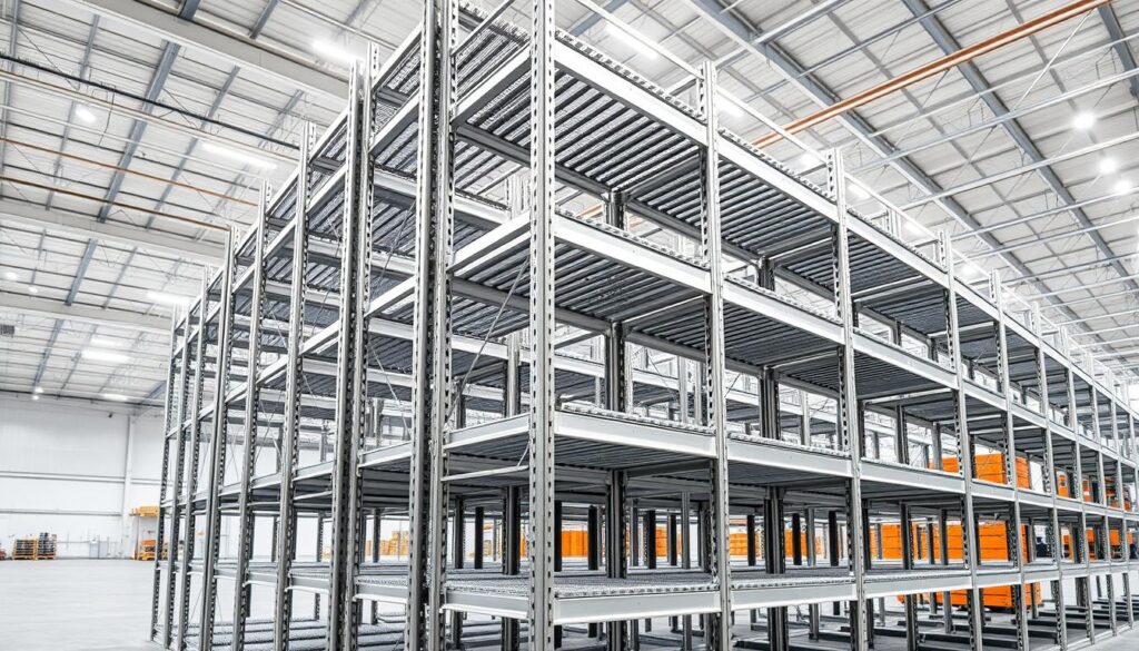 A sleek, metallic storage rack from TopRegali, showcasing its versatility in a bright, airy warehouse setting. The regal features sturdy shelves of brushed aluminum, meticulously arranged in a functional, modern design. Soft, diffused lighting highlights the clean lines and reflective surfaces, creating a sense of order and efficiency. In the background, a panoramic view of the warehouse space conveys the practical application of this storage solution, suitable for a wide range of industries. The image captures the reliability and adaptability of the TopRegali storage system, perfectly suited to the diverse needs of modern businesses. A sleek, metallic storage rack from TopRegali, showcasing its versatility in a bright, airy warehouse setting. The regal features sturdy shelves of brushed aluminum, meticulously arranged in a functional, modern design. Soft, diffused lighting highlights the clean lines and reflective surfaces, creating a sense of order and efficiency. In the background, a panoramic view of the warehouse space conveys the practical application of this storage solution, suitable for a wide range of industries. The image captures the reliability and adaptability of the TopRegali storage system, perfectly suited to the diverse needs of modern businesses.