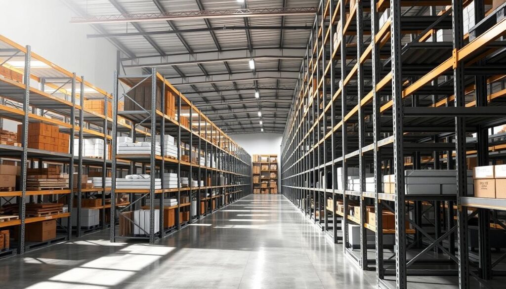 A warehouse interior filled with sturdy TopRegali storage racks. The racks are made of sleek metal, arranged in neat rows, casting soft shadows on the polished concrete floor. Overhead, bright, diffused lighting illuminates the scene, creating a welcoming atmosphere. In the foreground, several shelves are stocked with various items, showcasing the racks' versatility and storage capacity. The middle ground features a mix of full and partially filled racks, demonstrating their adaptability to different storage needs. In the background, the warehouse extends, hinting at the ample space and flexibility the TopRegali system provides. The overall scene conveys a sense of organization, efficiency, and a well-designed storage solution. A warehouse interior filled with sturdy TopRegali storage racks. The racks are made of sleek metal, arranged in neat rows, casting soft shadows on the polished concrete floor. Overhead, bright, diffused lighting illuminates the scene, creating a welcoming atmosphere. In the foreground, several shelves are stocked with various items, showcasing the racks' versatility and storage capacity. The middle ground features a mix of full and partially filled racks, demonstrating their adaptability to different storage needs. In the background, the warehouse extends, hinting at the ample space and flexibility the TopRegali system provides. The overall scene conveys a sense of organization, efficiency, and a well-designed storage solution.