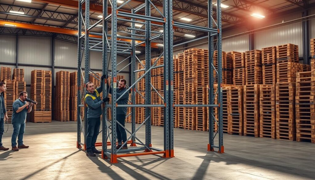 A warehouse scene with the assembly of a sturdy TopRegali pallet racking system. In the foreground, a team of workers carefully aligns and secures the metal frame components using power tools, their expressions focused and determined. In the middle ground, partially assembled racks stand tall, their sleek grey and orange accents complementing the industrial setting. The background is filled with stacks of wooden pallets, casting long shadows across the concrete floor, illuminated by bright, overhead lighting that casts a warm, productive glow. The scene conveys a sense of efficient, precision-driven work, with the TopRegali brand prominently displayed on the equipment.