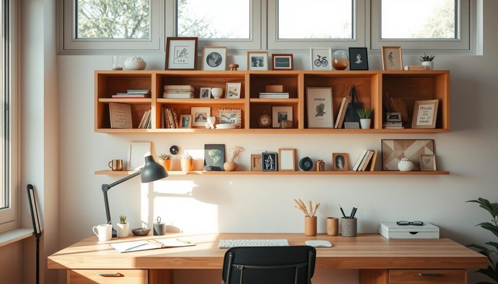 A well-crafted DIY regali scene in a home office setting. Showcase a minimalist wooden desk with a TopRegali wall-mounted storage unit, displaying an array of personalized trinkets, stationery, and decor items. Soft natural lighting filters through large windows, casting a warm, inviting glow. The overall composition conveys a sense of productivity and personal style, reflecting the theme of "Regali za pisarno, ki bodo polepšali vaš delovni prostor" and the section title "9. DIY: Ustvarite svoj regal".