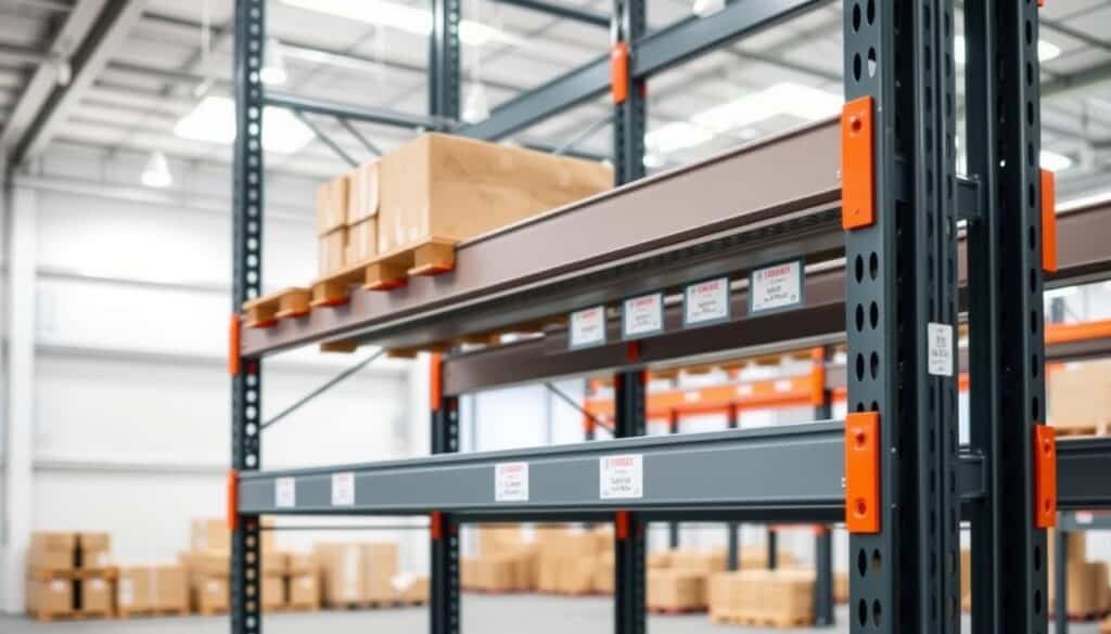 A well-designed, reconfigurable warehouse racking system by TopRegali. In the foreground, a pallet rack with adjustable shelves and beams, showcasing its versatile configuration options. The middle ground features various modular accessories like dividers, label holders, and roller tracks, demonstrating the rack's customizability. The background depicts a bright, spacious warehouse interior with clean, even lighting, emphasizing the practical functionality of the TopRegali pallet racking solution. The scene conveys a sense of efficient organization and optimization, suitable for the "Prilagoditve in dodatki za paletne regale" section of the article. A well-designed, reconfigurable warehouse racking system by TopRegali. In the foreground, a pallet rack with adjustable shelves and beams, showcasing its versatile configuration options. The middle ground features various modular accessories like dividers, label holders, and roller tracks, demonstrating the rack's customizability. The background depicts a bright, spacious warehouse interior with clean, even lighting, emphasizing the practical functionality of the TopRegali pallet racking solution. The scene conveys a sense of efficient organization and optimization, suitable for the "Prilagoditve in dodatki za paletne regale" section of the article.
