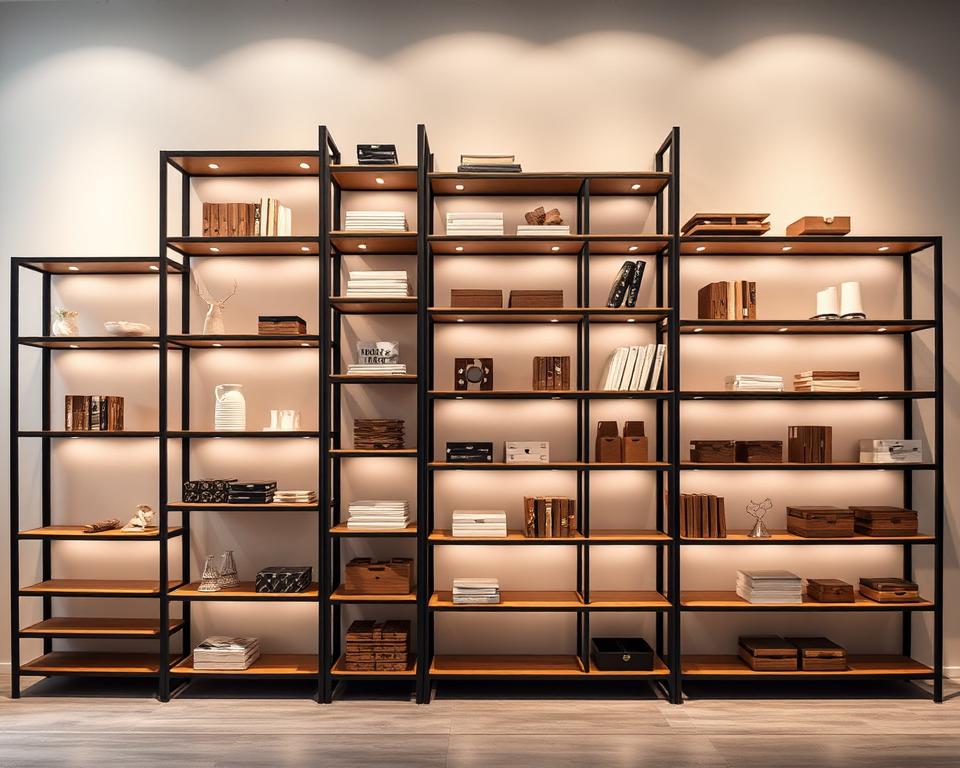 A well-lit, elegantly arranged display of TOPREGALI shelving units in a modern, minimalist interior. The units feature sleek, powder-coated metal frames and sturdy wooden shelves, showcasing a range of neatly organized household items. The lighting casts a warm, inviting glow, highlighting the high-quality craftsmanship and attention to detail. The layout is balanced, with the shelves positioned at various heights to create visual interest. The background is a clean, neutral-toned wall, allowing the shelving system to take center stage. The overall atmosphere conveys a sense of practicality, style, and thoughtful design.