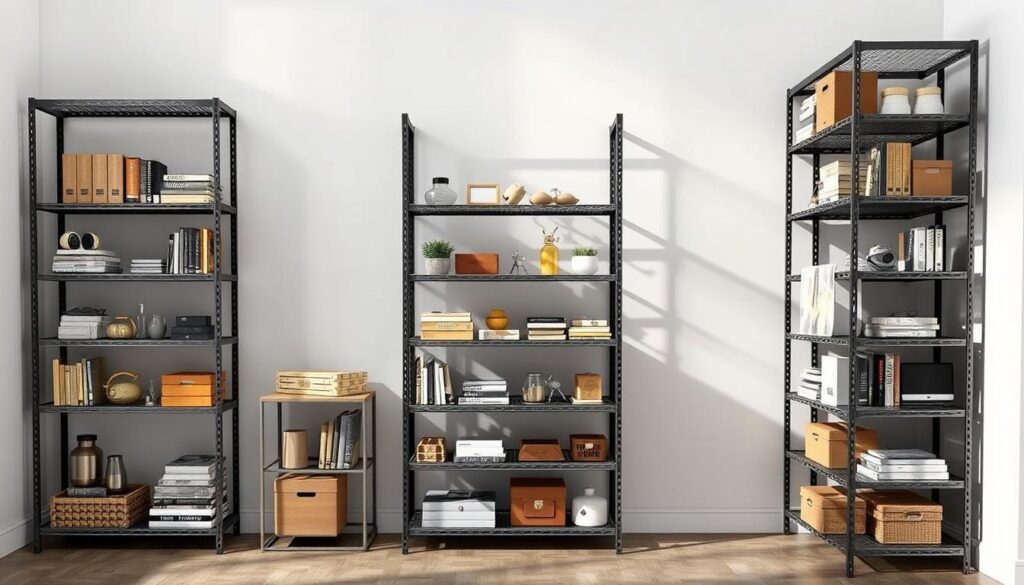 A well-lit, high-angle shot of a group of sturdy, metal shelving units from the TopRegali brand, showcased against a clean, minimalist backdrop. The shelves are filled with a variety of household items, creating a visually appealing display that highlights the versatility and durability of these industrial-style bookcases. The lighting is soft and even, casting subtle shadows that accentuate the sleek, modern design. The image conveys a sense of order, organization, and practical functionality, reflecting the positive customer reviews and testimonials about the quality of TopRegali's metal storage solutions.