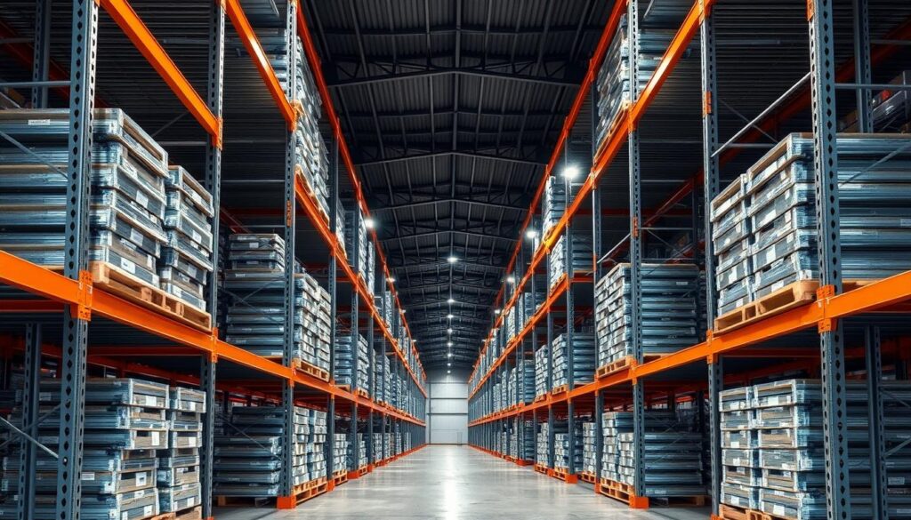 A well-lit, high-quality image of a warehouse storage rack system, known as "TopRegali", featuring sturdy metal shelves designed to hold heavy-duty pallets. The racks are arranged in an organized, symmetrical layout, showcasing their modular design and efficient use of space. The image captures the practical and functional nature of the storage solution, with a focus on the rack's structural integrity, adjustable shelves, and overall robustness. The lighting is balanced, highlighting the metallic finish and creating a sense of depth and dimension. The angle of the shot emphasizes the scale and versatility of the storage system, making it an ideal visual representation for the "Vzdrževanje skladiščnih regalov" section of the article.