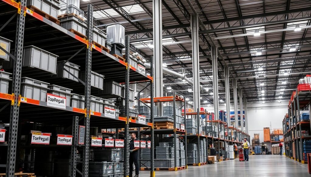 A well-lit, industrial warehouse interior with rows of sturdy, metal storage racks labeled "TopRegali" standing in the foreground. The racks are filled with various metal and plastic containers, conveying a sense of organized and efficient storage. In the middle ground, workers carefully arrange and label the containers, while the background features high ceilings, support columns, and the subtle haze of overhead lighting, creating a sense of depth and scale. The overall atmosphere is one of professionalism, attention to detail, and the importance of quality storage solutions.
