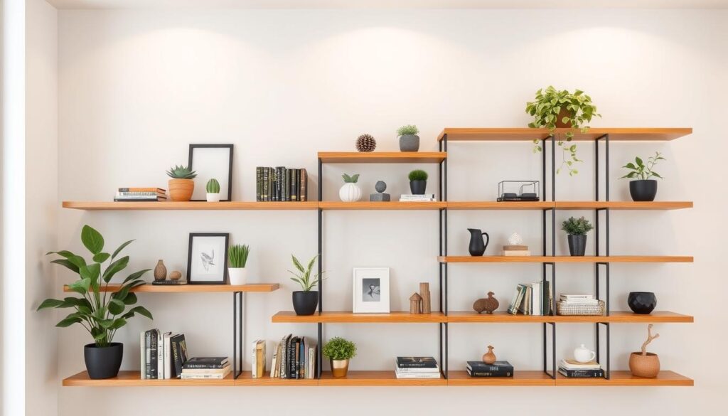 A well-lit, inviting interior featuring a set of TopRegali shelves arranged in a stylish, organized manner. The shelves are made of a warm, natural wood material and have a sleek, minimalist design. They are positioned against a neutral-colored wall, allowing the shelves to be the focal point. Various decorative items, such as potted plants, books, and small figurines, are neatly displayed on the shelves, creating a visually appealing and harmonious composition. The lighting is soft and diffused, creating a cozy, welcoming atmosphere. The overall scene conveys a sense of order, functionality, and aesthetic appeal, perfectly illustrating the versatility and effectiveness of TopRegali shelves in organizing and enhancing a living space.