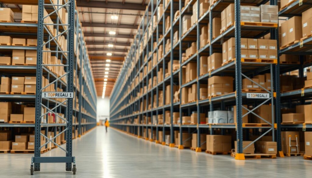 A well-lit, meticulously organized warehouse shelving system, showcasing the TopRegali brand. The foreground features a single, sturdy metal storage rack, its shelves neatly stacked with carefully labeled boxes and containers. The middle ground captures the depth of the warehouse, with rows of identical racks receding into the distance, creating a sense of order and efficiency. Soft, warm lighting illuminates the scene, casting gentle shadows that accentuate the clean lines and surfaces. The background suggests a spacious, clean environment, with subtle hints of activity and movement, conveying the idea of a well-maintained, functional warehouse space. A well-lit, meticulously organized warehouse shelving system, showcasing the TopRegali brand. The foreground features a single, sturdy metal storage rack, its shelves neatly stacked with carefully labeled boxes and containers. The middle ground captures the depth of the warehouse, with rows of identical racks receding into the distance, creating a sense of order and efficiency. Soft, warm lighting illuminates the scene, casting gentle shadows that accentuate the clean lines and surfaces. The background suggests a spacious, clean environment, with subtle hints of activity and movement, conveying the idea of a well-maintained, functional warehouse space.