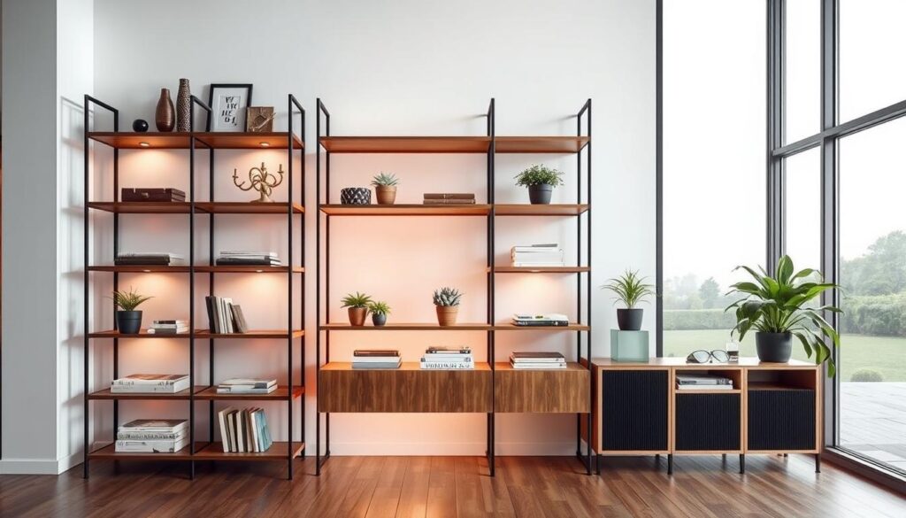 A well-lit, modern interior showcase featuring a stylish set of TopRegali shelving units. The foreground displays several neatly arranged decor items, books, and potted plants atop the sleek, wooden shelves. The middle ground showcases the clean lines and minimalist design of the shelving system, accentuated by warm, directional lighting. In the background, a large window overlooks a serene outdoor scene, filling the space with natural light and a sense of tranquility. The overall mood is one of organization, functionality, and elegant simplicity.