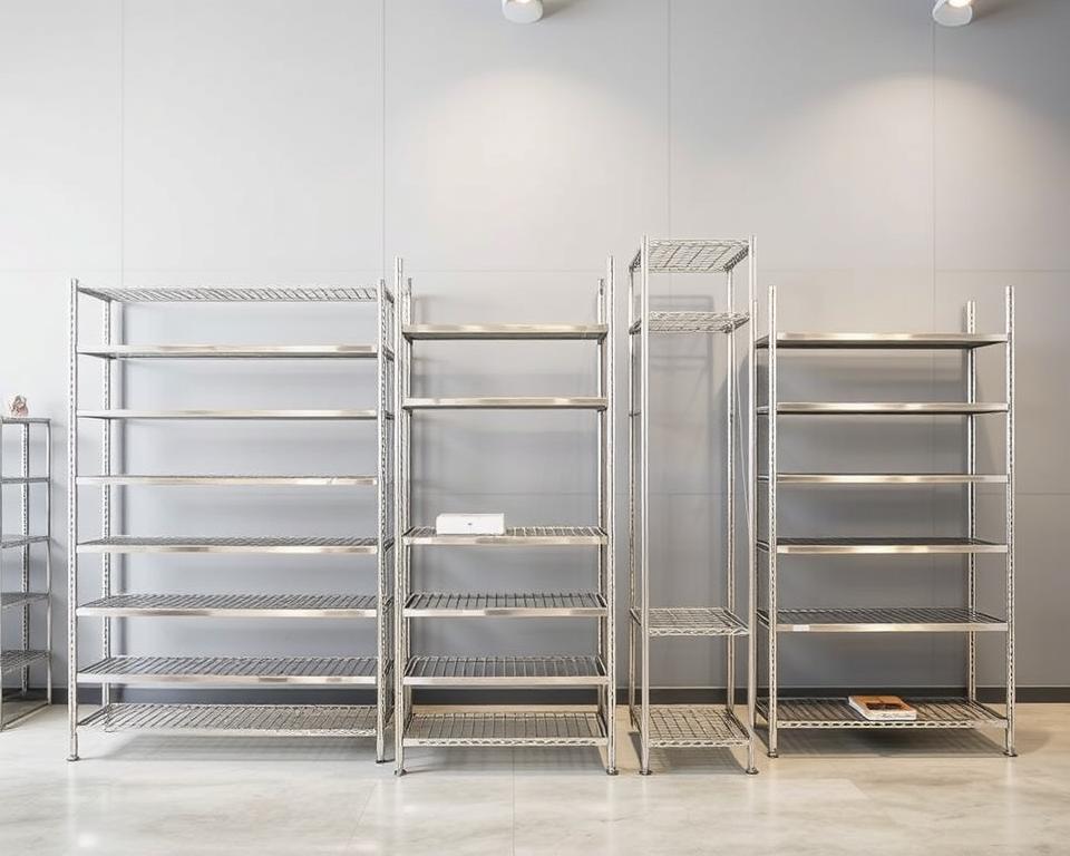 A well-lit, modern showroom featuring a collection of sleek, stainless steel shelving units from the TOPREGALI brand. The middle ground showcases the shelves in various configurations, highlighting their clean lines and sturdy construction. In the foreground, a few carefully curated items are displayed, drawing the viewer's attention to the versatility and visual appeal of the metallic racking system. The background features a minimalist, grey-toned wall, creating a cohesive and visually striking scene that emphasizes the refined, industrial aesthetic of the TOPREGALI storage solutions. A well-lit, modern showroom featuring a collection of sleek, stainless steel shelving units from the TOPREGALI brand. The middle ground showcases the shelves in various configurations, highlighting their clean lines and sturdy construction. In the foreground, a few carefully curated items are displayed, drawing the viewer's attention to the versatility and visual appeal of the metallic racking system. The background features a minimalist, grey-toned wall, creating a cohesive and visually striking scene that emphasizes the refined, industrial aesthetic of the TOPREGALI storage solutions.