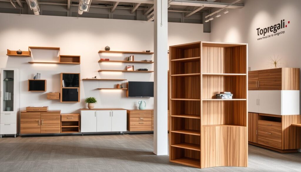 A well-lit showroom showcasing a variety of TopRegali storage solutions. In the foreground, a modern, minimalist wooden bookshelf stands prominently, its clean lines and natural tones inviting closer inspection. The middle ground features a range of stylish wall-mounted shelves, each designed to optimize space and display cherished items. In the background, a selection of freestanding cabinets and storage units in various sizes and finishes create a visually appealing vignette, highlighting the brand's diverse product offerings. Soft, diffused lighting casts a warm glow, accentuating the high-quality craftsmanship and attention to detail that defines the TopRegali brand.