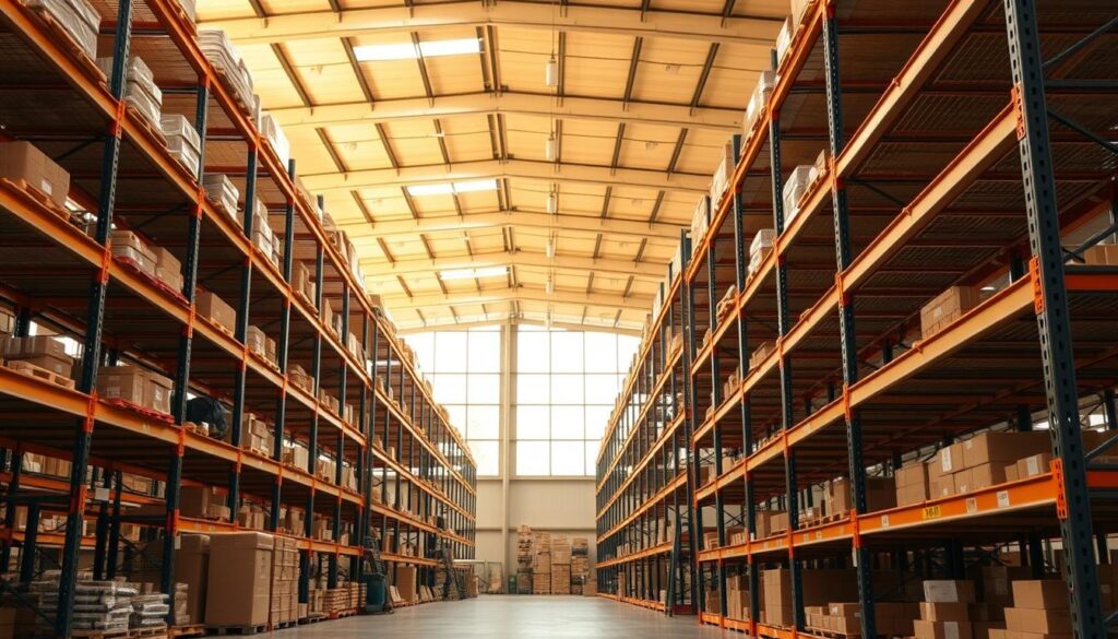 A well-lit, spacious warehouse interior with rows of sturdy, high-quality storage shelves from the TopRegali brand. The shelves are constructed from durable metal and wood, with adjustable height and depth to accommodate various storage needs. The lighting is warm and evenly distributed, creating a welcoming atmosphere. In the foreground, a few storage containers and boxes are neatly arranged on the shelves, showcasing the versatility and organization potential of the TopRegali regal system. The background features large windows, allowing natural light to flood the space and create a sense of openness and airiness. The overall scene conveys a sense of efficiency, reliability, and attention to detail in the warehouse environment. A well-lit, spacious warehouse interior with rows of sturdy, high-quality storage shelves from the TopRegali brand. The shelves are constructed from durable metal and wood, with adjustable height and depth to accommodate various storage needs. The lighting is warm and evenly distributed, creating a welcoming atmosphere. In the foreground, a few storage containers and boxes are neatly arranged on the shelves, showcasing the versatility and organization potential of the TopRegali regal system. The background features large windows, allowing natural light to flood the space and create a sense of openness and airiness. The overall scene conveys a sense of efficiency, reliability, and attention to detail in the warehouse environment.