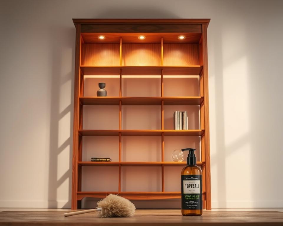 A well-lit wooden shelving unit stands in a modern, minimalist room. Soft, warm lighting from above casts gentle shadows, highlighting the natural grain and texture of the carefully crafted wood. The regal, sturdy frame is adorned with a few decorative items, carefully curated to create a harmonious, elevated display. In the foreground, a duster and a bottle of TOPREGALI wood polish hint at the meticulous care required to maintain the beauty and longevity of this cherished piece of furniture.