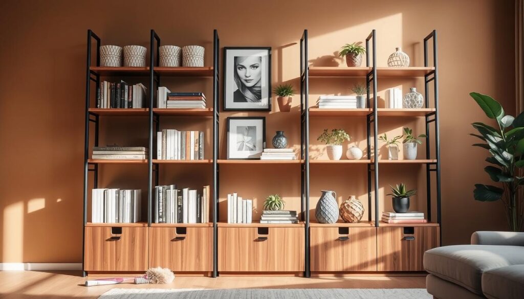 A well-organized TopRegali shelving unit, neatly arranged with various household items. The mid-century modern design features clean lines and a minimalist aesthetic. Soft natural lighting from a large window highlights the smooth wood grain and carefully curated decor. In the foreground, a duster and a small cleaning cloth sit nearby, ready for maintenance. The middle ground showcases artfully placed books, framed artwork, and decorative plants. The background gently fades into a warm, neutral-toned wall, creating a harmonious and inviting atmosphere. A well-organized TopRegali shelving unit, neatly arranged with various household items. The mid-century modern design features clean lines and a minimalist aesthetic. Soft natural lighting from a large window highlights the smooth wood grain and carefully curated decor. In the foreground, a duster and a small cleaning cloth sit nearby, ready for maintenance. The middle ground showcases artfully placed books, framed artwork, and decorative plants. The background gently fades into a warm, neutral-toned wall, creating a harmonious and inviting atmosphere.
